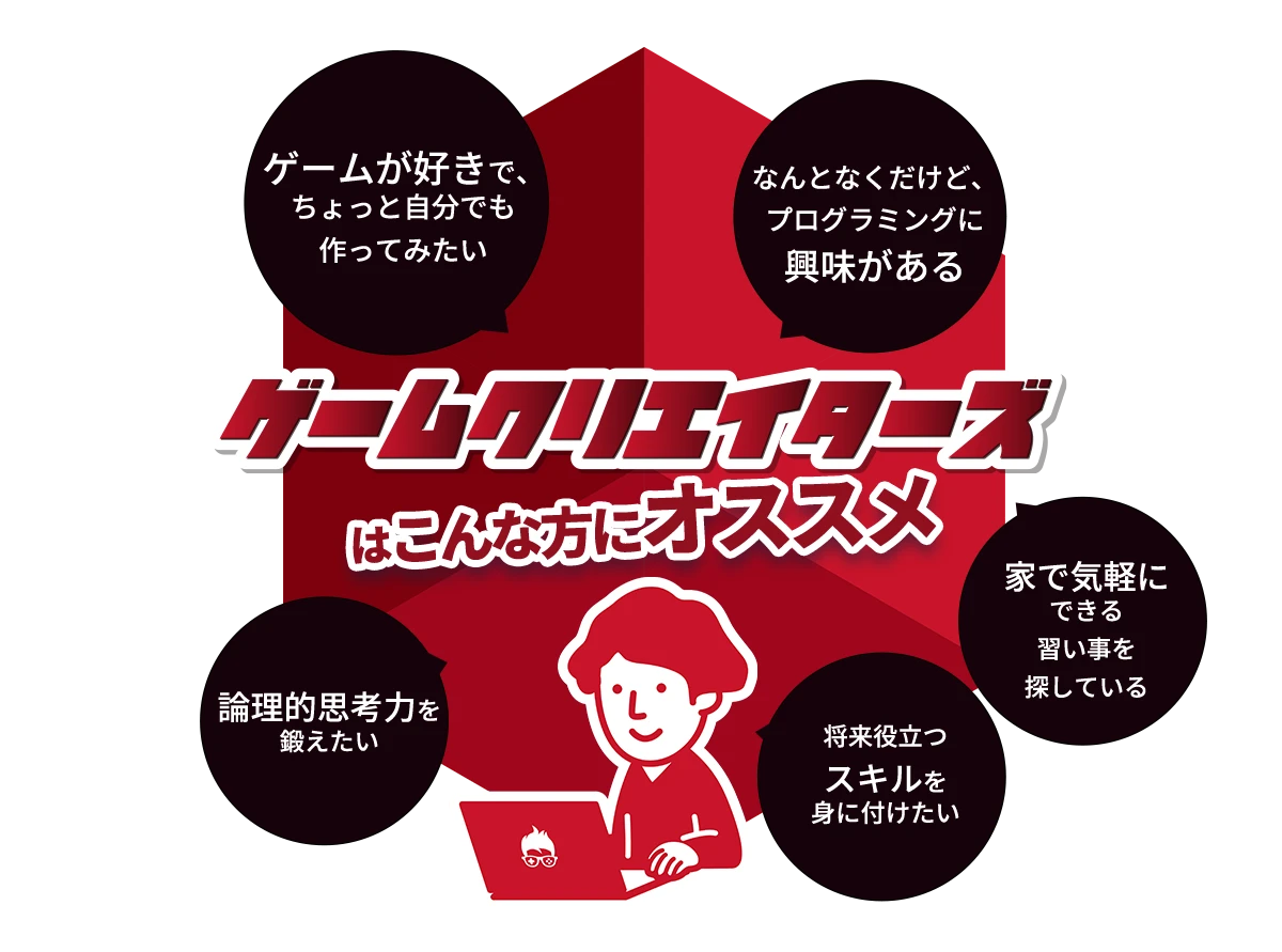 ゲームが好きで、ちょっと自分でも作ってみたい。なんとなくだけど、プログラミングに興味がある。将来役立つスキルを 身に付けたい。家で気軽にできる習い事を探している。論理的思考力を鍛えたい。